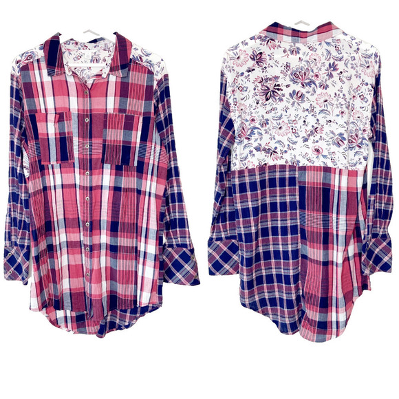 Caslon Floral Back Red and Blue Plaid Button Up Tunic Top S - Picture 1 of 11